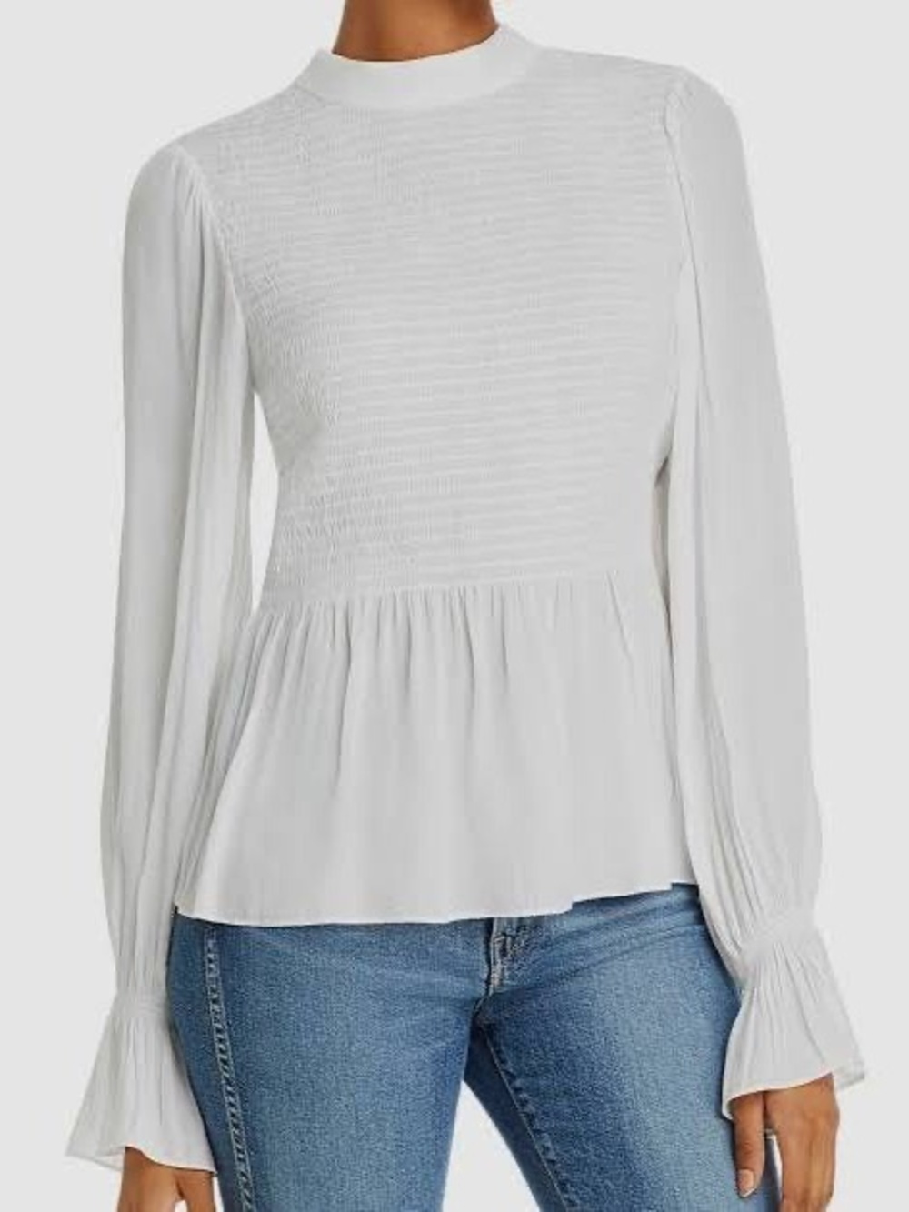 Ramy Brook White Smocked Peplum Long-Sleeve Blouse